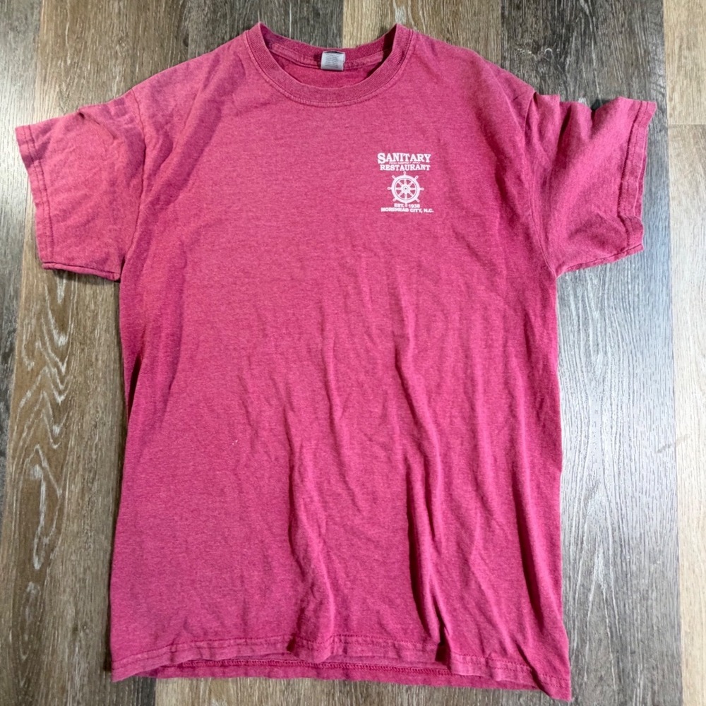 Gildan Sanitary Restaurant T-Shirt Mens Medium Maroon Graphic Short Sleeve Tee
